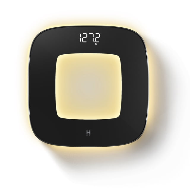Homedics Essential Glo Scale, une Balance de Salle de Bain Moderne avec une Plateforme Élégante en Verre Trempé Noir Mesurant 11,8 x 11,8 Pouces. Comprend un Éclairage Central Ambiant Doux, une Technologie de Détection de Mouvement et des Capteurs de Précision pour une Mesure de Poids Précise jusqu'à 400 Lb. Fabriquée avec des Matériaux Recyclés pour la Durabilité, Idéale pour la Gestion du Poids et un design Contemporain pour la Maison.