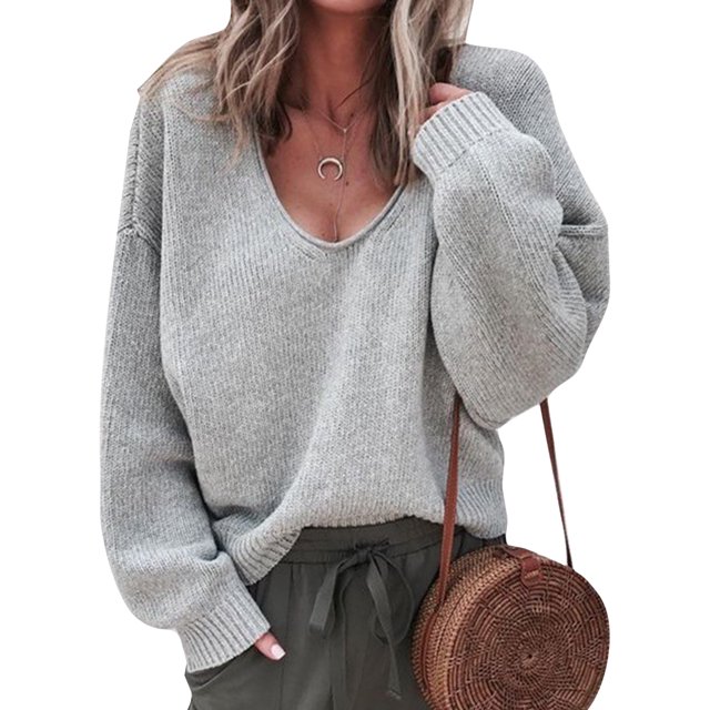 Innerwin Jumper Tops Long Sleeve Ladies Sweater Work Solid Color Casual Pullover Light Grey S