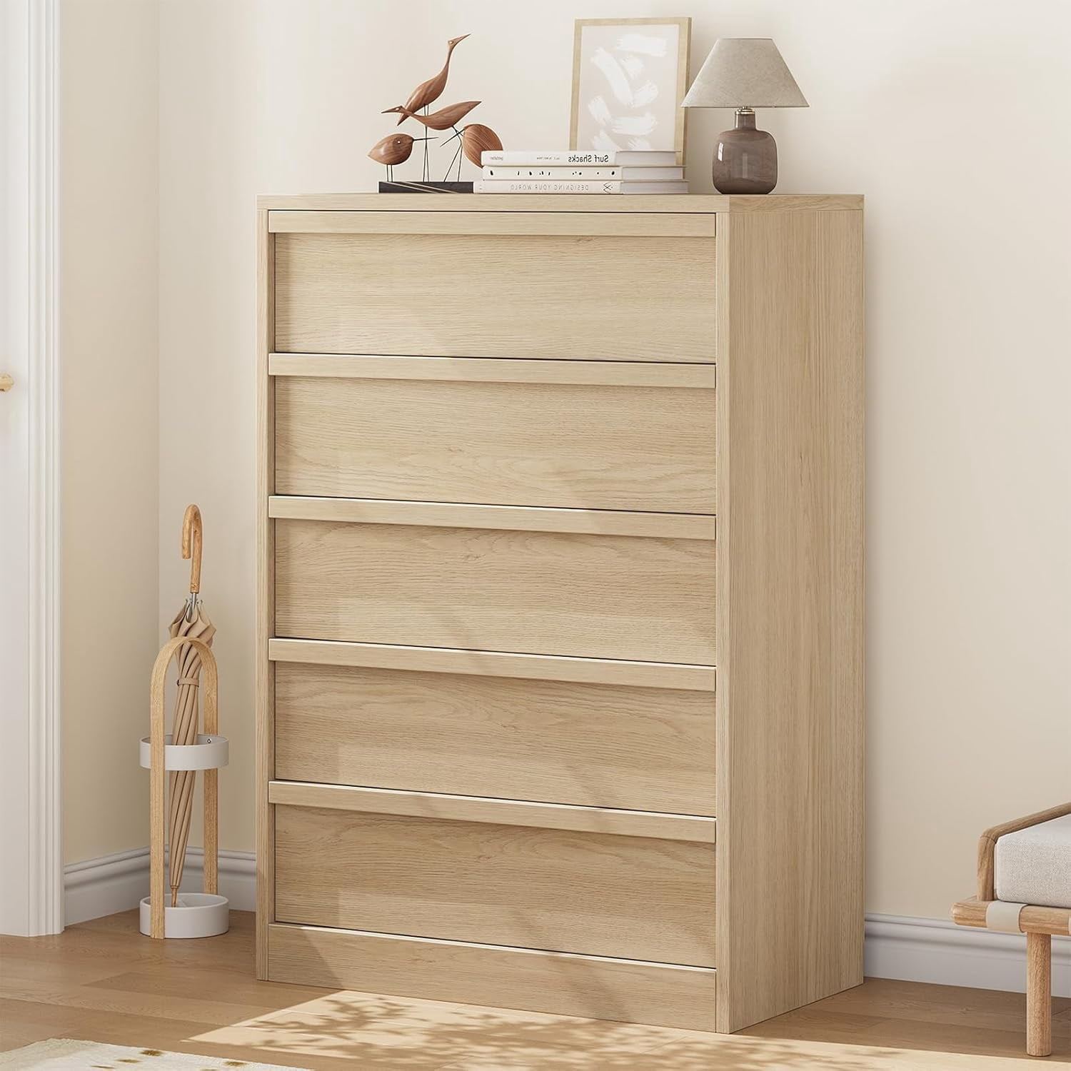 5 Drawer Dresser for Bedroom, Modern 5 Chest of Drawers Tall with Large Drawers Storage, Wooden Dresser Organizer for Living Room, Nursery, Entryway - Natural