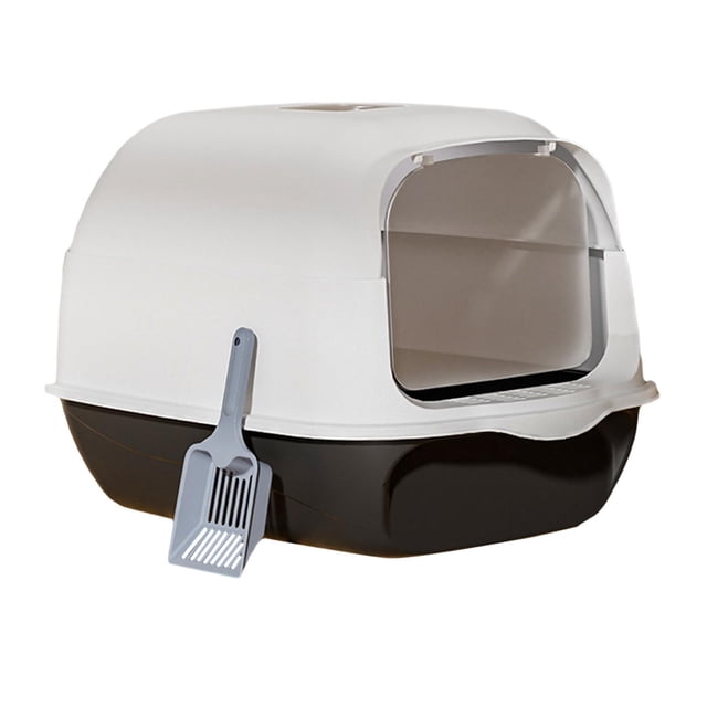 Bunblic Fully Covered Cat Litter Boxes Detachable for Small Animals Kitten Potty Pan Black. This enclosed litter box features a black base and white hood with a transparent swinging door for easy access. Includes a detachable design for portability and a deep basin to prevent litter scattering. Comes with a matching scoop attached to the side for convenient cleaning.