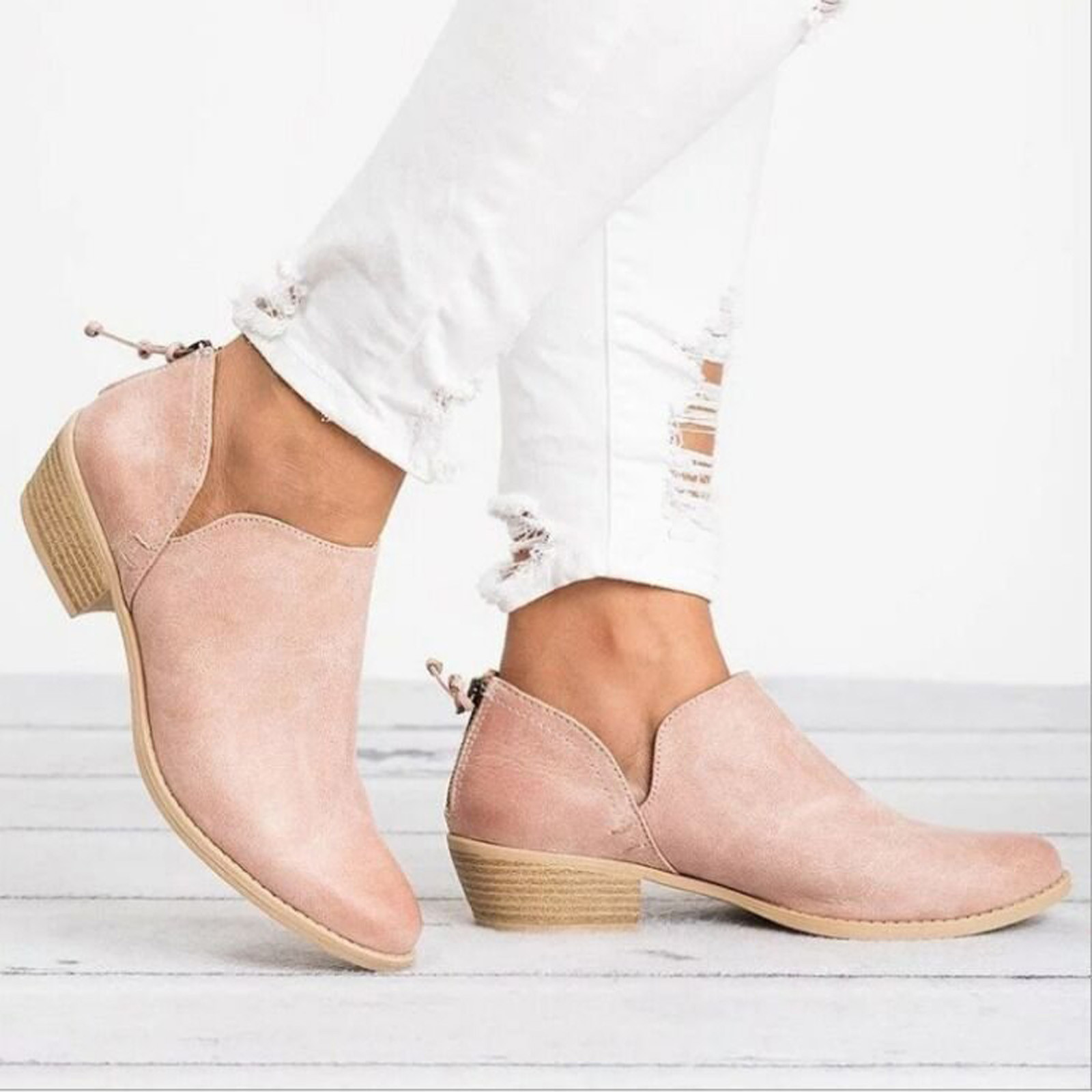 Bottines Rétro pour Femmes en Suède Court à Bout Pointu, Couleur Unie, Tige Courte, Talon Moyen