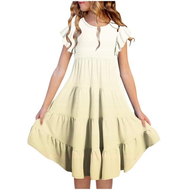 yoeyez 4-16 Robes pour Enfants Filles Fête Enfants Manches Volantées Robe Maxi à Volants Imprimé Dégradé Col Ras du Cou Robes Soleil Robe de Fête d'Anniversaire pour Enfant Or,12 Ans