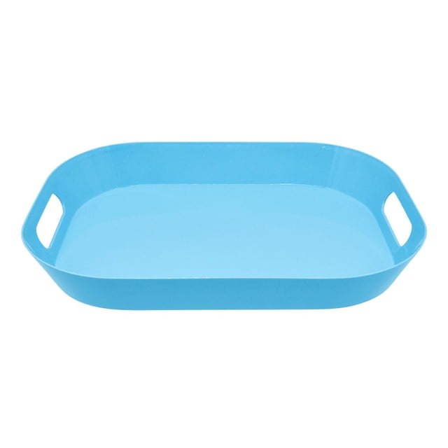 Mainstays Plastic Serving Tray Assorted Colour, 1pc in blue, rectangular with rounded corners and built-in handles, made of lightweight, BPA-free polypropylene. This stackable, break-resistant tray is ideal for outdoor plates and easy to clean by hand.