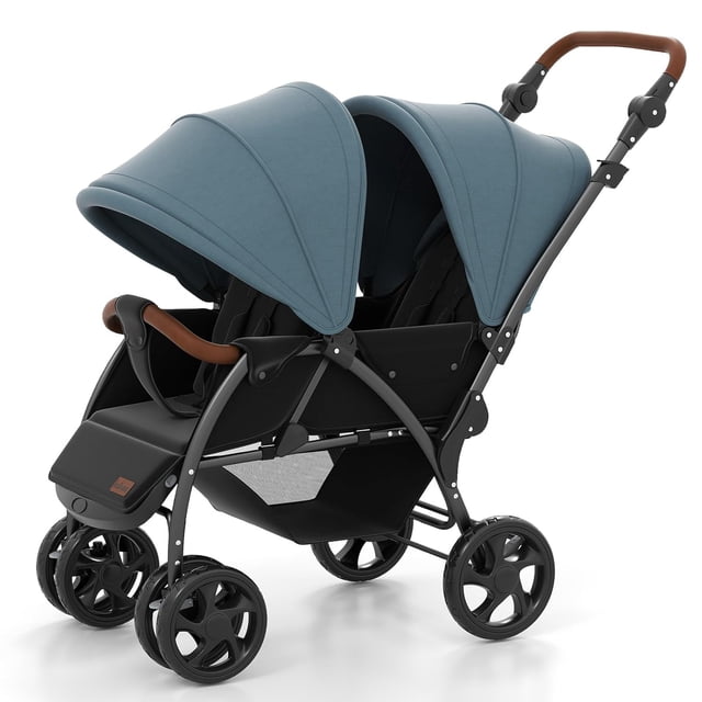 OLAKIDS Double Stroller, Foldable Baby Tandem Stroller with Djustable Backrest Canopy Footrest, 5-Point Harness, Storage Basket, Convertible Compact Lightweight Twin Stroller for Infants and Toddlers front-facing tandem double stroller in black/gray with metal frame and polyester seats. Two seats with adjustable recline (front 105°–135°, rear 105°–170°), adjustable canopies, five-point harnesses, large storage basket, front swivel wheels with suspension and lockable rear wheels with one-step brake; folds to 43.5" x 23" x 14".