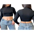 thumbnail image 4 of Blouse Unie à Manches Longues pour Femmes, Crop Top Décontracté à Col Montant, 4 of 5