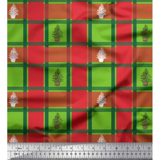 Soimoi Green Modal Satin Fabric Plant & Check Printed Fabric 1 Yard 42 Inch Wide