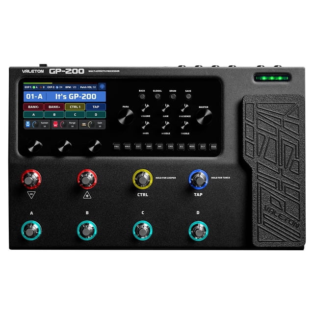 VALETON Multi Effects Processor GP-200 with a sleek black design, 4.3-inch TFT color LCD screen, customizable LED footswitches, and an expression pedal. Offers amp modeling, IR cabinets simulation, MIDI I/O, FX loop, USB Type-C connectivity for stereo audio streaming, and mobile device compatibility. Includes controls for volume, gain, presence, and master settings.