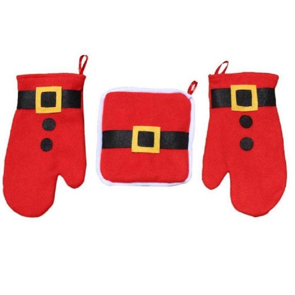 WLOELOEW Santa Claus Oven Mitts And Hot Pads Set 3 Piece Christmas Kitchen Insulated Gloves And Mat Thermal Protection Flannel Material Red White Festive Baking Accessories