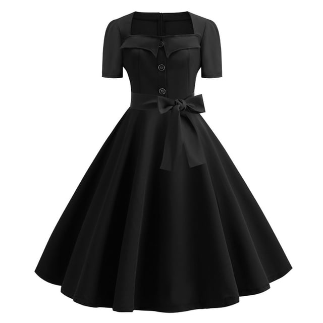 Robe Vintage Évasée pour Femmes, Ligne A, Nœud, Bal, Swing, Manches Courtes, Pois, Unie, Robe de Soirée