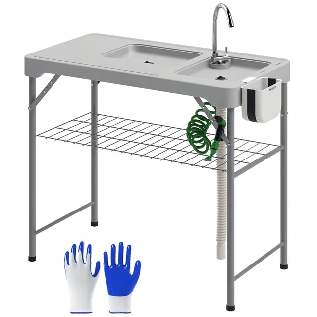 Outsunny Folding Fish Cleaning Table Camping Table with Sinks Faucet, Grey