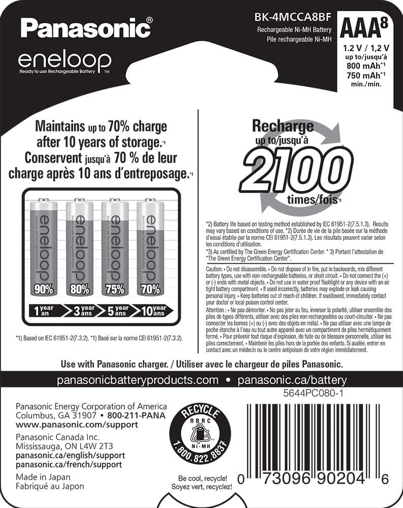Panasonic eneloop AAA Ni-MH Pre-Charged Rechargeable Batteries - 8 Pack