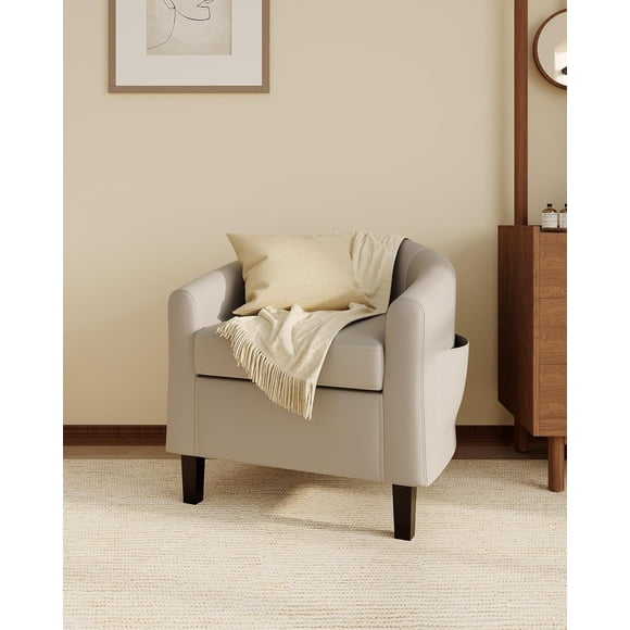 Leather Barrel Accent Chair Upholstered Club Chair with Thick Padded Seat U-Shaped Backrest and Sturdy Legs for Living Room Bedroom Office Waiting Room Grey