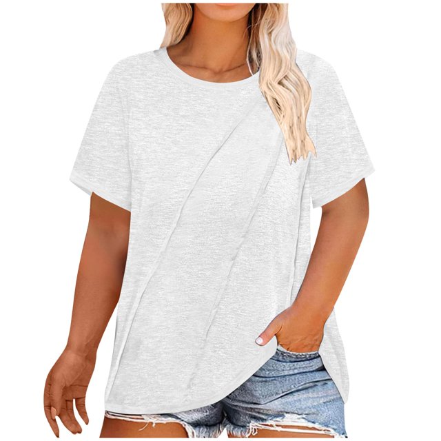 Plebaso Hauts Décontractés pour Femmes T-Shirts Plissés à Manches Courtes Col Rond Tee Confortable Chemisiers d'Été pour Femmes