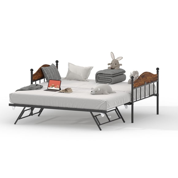 Lit de Jour Double avec Tiroir-Lit Escamotable, Cadre de Canapé-Lit Plateforme en Métal, Lattes en Acier Robustes, Gain de Place, Aucun Sommier Requis, Tête de Lit en Bois, Brun Noir Blanc pour Chambre à Coucher Chambre d'Amis