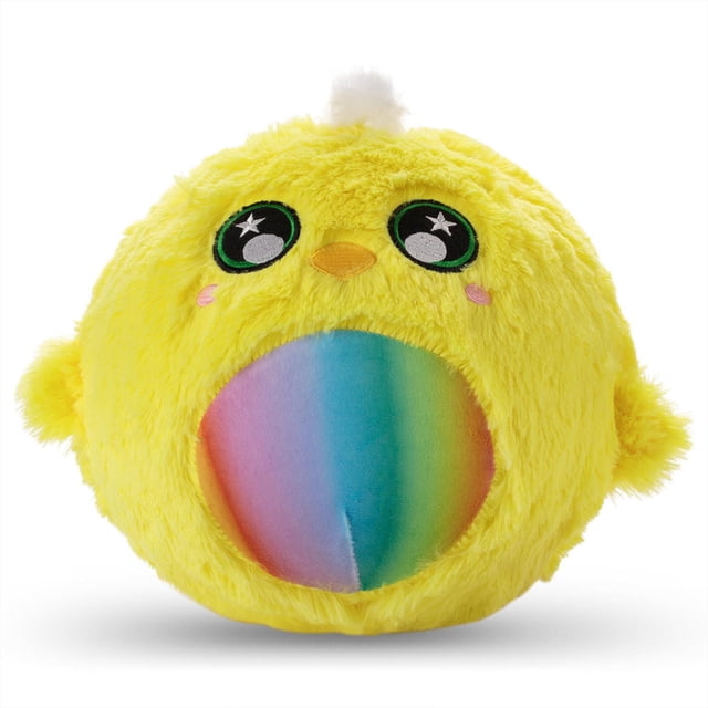 Eolo Bouncerz, Chicken, a round inflatable plush toy covered in soft yellow fur with embroidered large green and black eyes featuring star highlights, a small orange beak, and pink cheeks, with a rainbow-colored inflatable belly, ideal for indoor and outdoor bouncing and cuddling play.