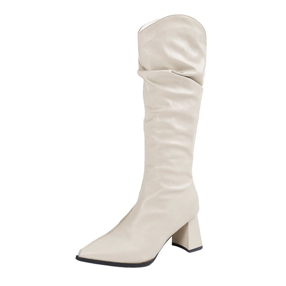 Slouchy Knee High Dress Boots for Women Slim Fit Leather Pointed Toe Chunky Heel Mid Calf Tall Boots