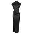 thumbnail image 3 of AherBiu Robe en Satin pour Femmes Élégante à Manches Cap, Col Montant, Froncée, Fendue, Soirée, Cocktail, Maxi, 3 of 5