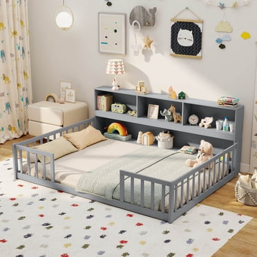 Costway Full Size Montessori Floor Bed with Bookcase Storage Shelves & Safety Fence Rails Gray