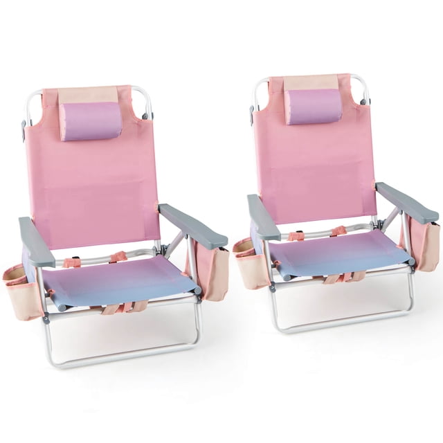 Costway 2-Pack Folding Backpack Beach Chair in pink, designed for outdoor use with 5-position adjustable backrests, padded head pillows, and durable aluminum frames. Each chair features a storage bag with zipper, cup holders, PEVA ice pack, and towel rack for added convenience. Lightweight and foldable with padded shoulder straps for easy carrying. Ideal for beach trips, camping, and sunbathing, these reclining beach chairs offer comfort and portability.