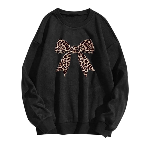 Aocisk Women Leopard Bow Print Drawstring Hoodies Long Sleeve Oversized Sweatshirt Casual Pullover Black L