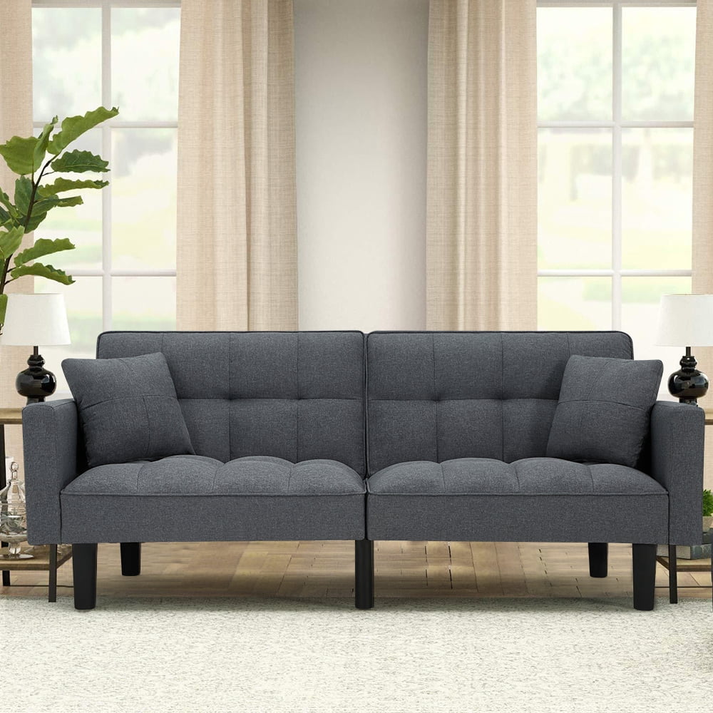 AVAWING 74" Modern Convertible Futon Sofa Bed, Linen Tufted Upholstered Accent Couch, Adult, Grey