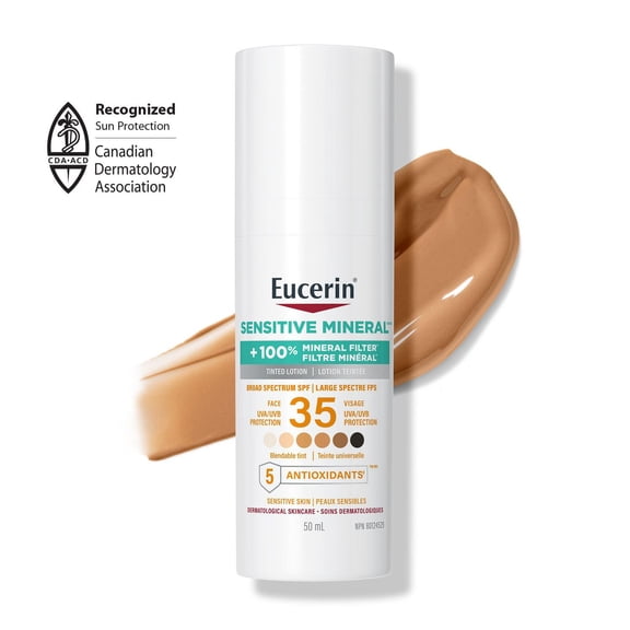 Eucerin Sun Tinted Mineral Face Sunscreen Lotion with SPF 35, 50 mL | Blendable Tinted Sunscreen for face for all skin tones with Zinc Oxide and 5 Antioxidants