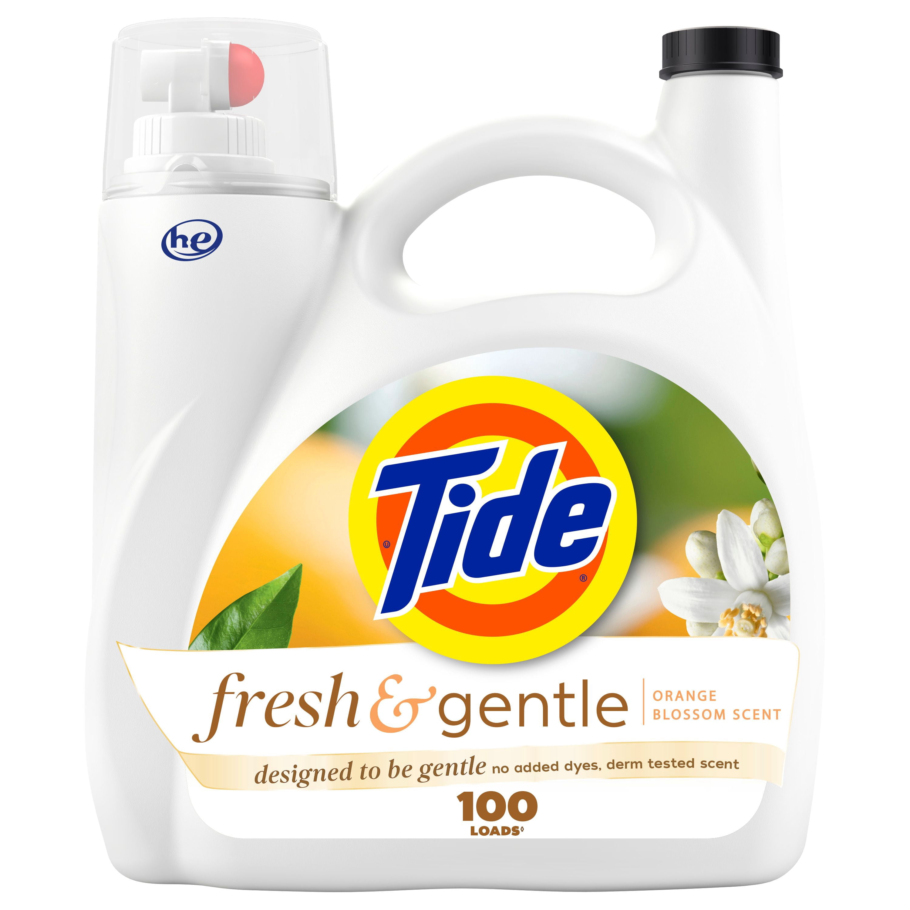 Tide Fresh & Gentle liquid laundry detergent, 100 Loads, Orange Blossom Scent, Gentle laundry soap with nature inspired freshness, Dermatologist tested, 100% free of added dyes and heavy perfumes