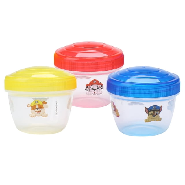 Pat' Patrouille Contenants à Collation, Lot de 3, avec Motifs Chase, Skye et Marshall. l'Ensemble Comprend Trois Contenants Ronds en Plastique Sans BPA pour l'Entreposage des Aliments, Chacun Contenant 140 ml (0,60 Tasse) de Collations. les Contenants Ont des Couvercles Torsadables Étanches et Adaptés aux Enfants, en Jaune, Rouge et Bleu pour Garder les Collations Fraîches et Prévenir les Déversements.