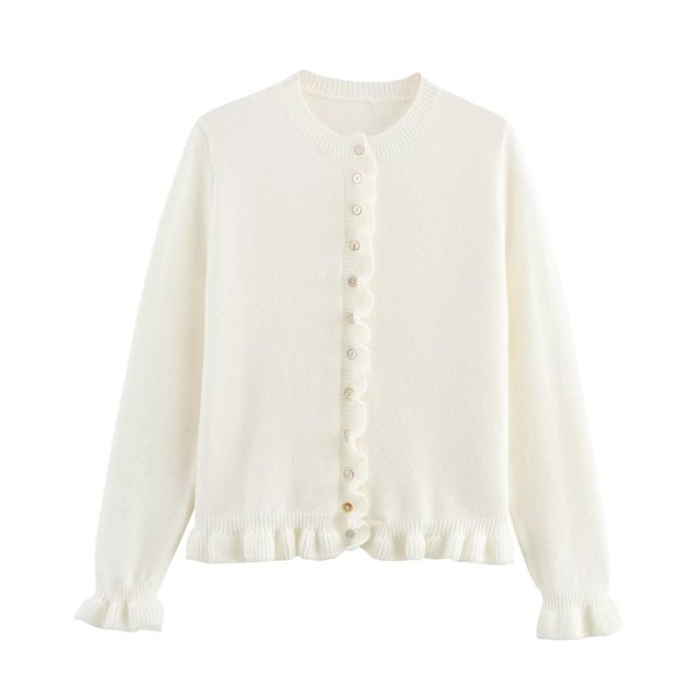 ManxiVoo Veste en Tricot à Garniture Superposée pour Femme, Bordure Décorative, Cardigan Décontracté, Manteau Confortable, Haut, Taille P, Blanc
