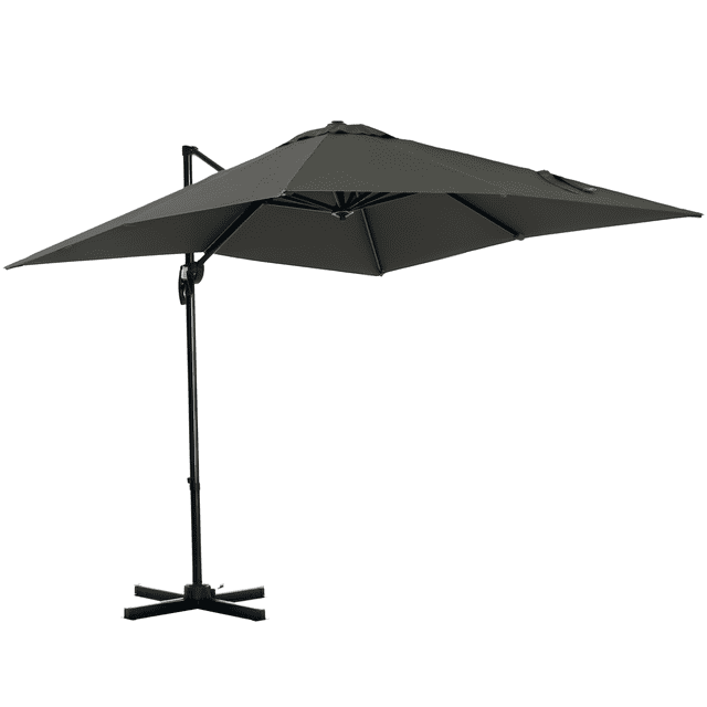 Outsunny 8'x8' Square Patio Hanging Offset Umbrella with Cross Base in grey. Designed for outdoor shade, it features a cantilever design with 360-degree rotation, five adjustable angle positions, and a UV-resistant polyester canopy supported by an aluminum pole and steel ribs. Includes a cross base for stability, ideal for patios, gardens, and poolside use.