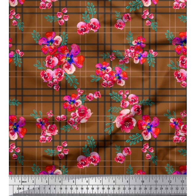 Soimoi Brown Rayon Crepe Fabric Check & Floral Print Fabric by Yard 46 Inch Wide