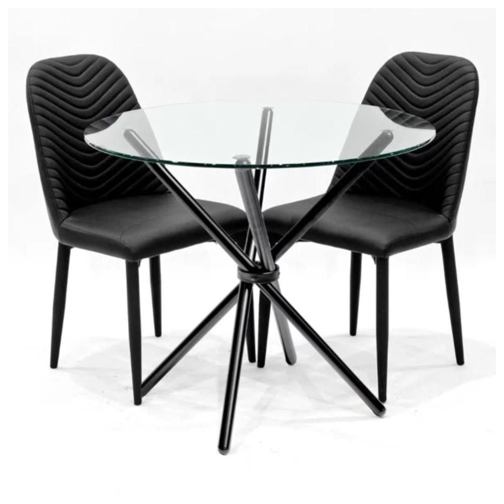 Table de salle à manger Eternity avec un plateau en verre trempé durable et des pieds élégants en métal noir mat – une pièce maîtresse moderne et élégante pour les espaces de salle à manger contempora