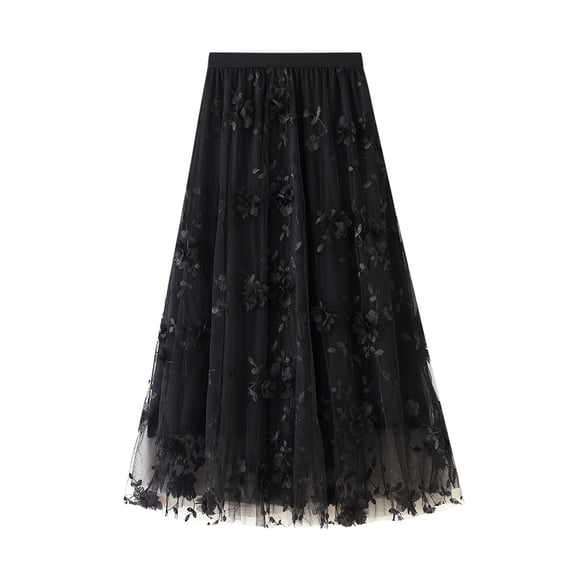 jovati Jupe Tutu pour Femmes Jupe Tutu Longue en Tulle pour Femmes Broderie de Fleurs 3D Couleur Unie Taille Haute Jupe Midi Évasée en Maille