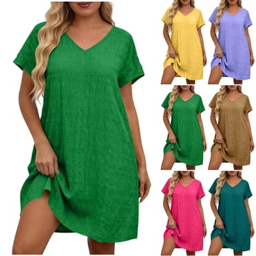 YFNNUP Plus Size Womens Summer Dress Lightweight Short Sleeve Sundress Fashion Textured V Neck Dresses Summer Vacation Flowy Midi Dresses Yellow XL