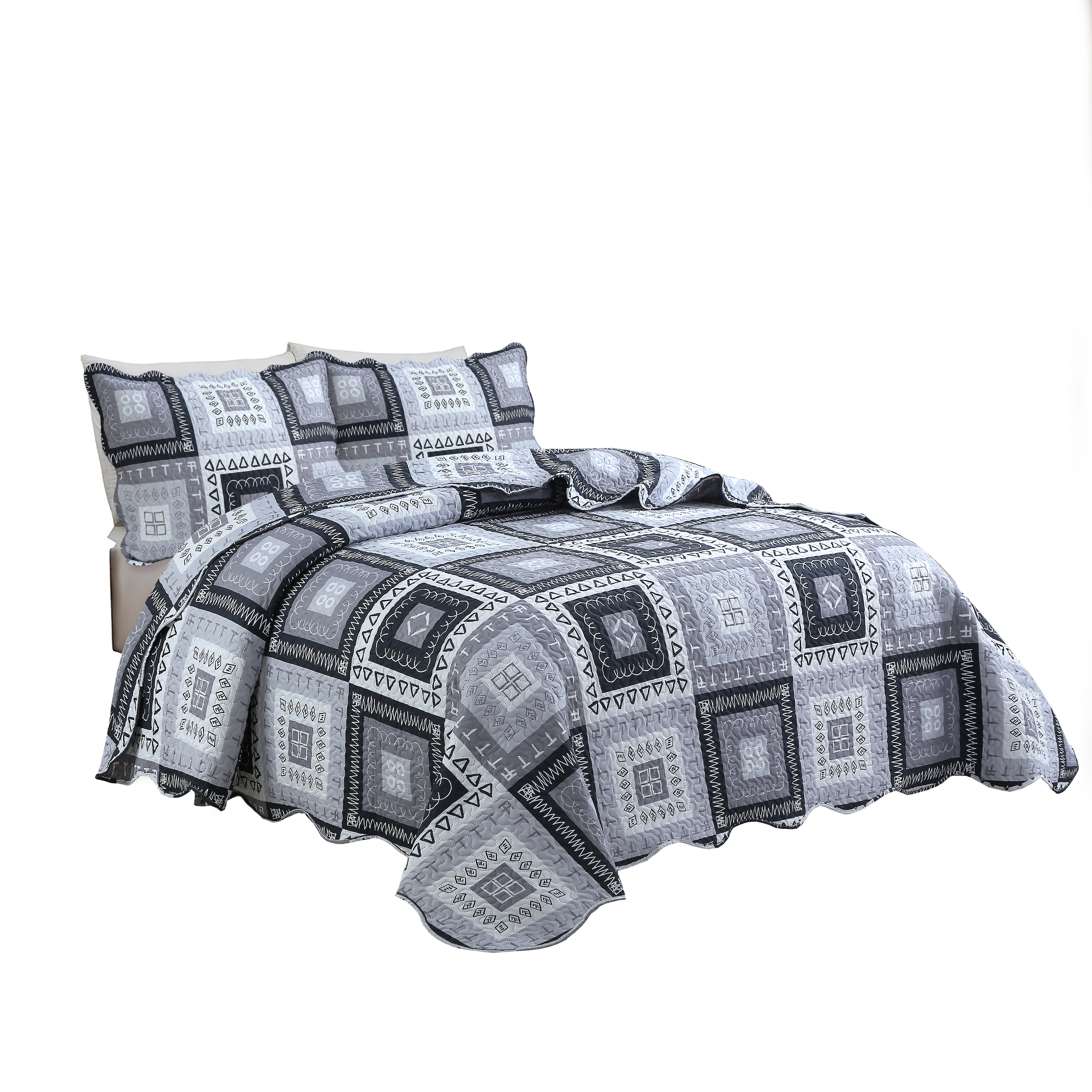 Marina Decoration Home Bedroom Pinsonic Bedding Coverlet Bedspread Ultra Soft 3 Piece Summer Embossed Printed Quilt Set with 2 Shams, Modern Grey Patchwork Geometric Pattern King