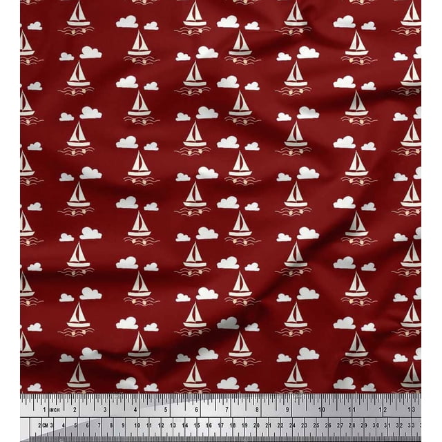 Soimoi Rayon Fabric Cloud,Fish & Yacht Nautical Printed Fabric 1 Yard 56 Inch Wide