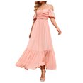 thumbnail image 2 of Pisexur Robe à Manches Courtes Épaules Dénudées Femme Mode Solide Bretelles et Manches Courtes Jupe Longue Taille Haute Robe Femme, 2 of 9