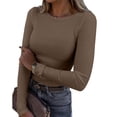 thumbnail image 2 of T-shirt Côtelé à Manches Longues Extensible à Col Ras du Cou pour Femmes Ajusté Décontracté Basique, 2 of 4