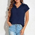 thumbnail image 2 of Hauts pour Femmes Décontractés d'Été à Manches Courtes Légers de Couleur Unie Tendance T-Shirts Courts Dames à Col Rond Blouses (Grand, Marine), 2 of 7