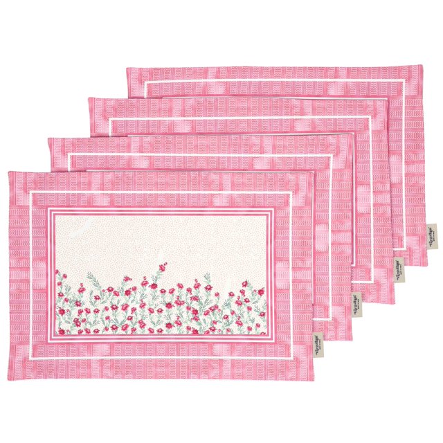 Vargottam Napperons - Napperon pour Table à Manger, Ensemble de 4 - Serviette en Coton Imprimée et Réversible - Napperons d'Intérieur pour Table de Salle à Manger à la Maison et en Cuisine - Motifs Floraux (Rose Rose)