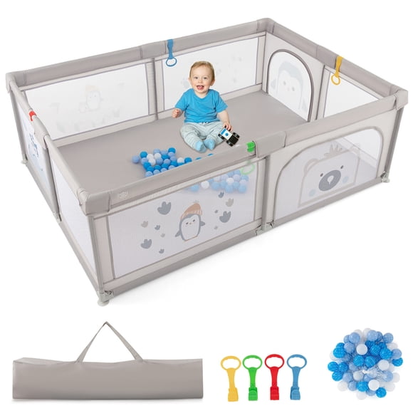 Gymax Grand Parc pour Bébé Parc pour Enfants Centre d'Activités 81 Pieds' x 57,5 Pieds' Motif Penguin Gris