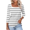 thumbnail image 1 of breaise Chemises à Manches 3/4 pour Femmes, Automne, Rayées, Col Ras du Cou, Hauts Habillés Décontractés, Amples, Blouses de Travail Trois Quarts, Gris, P, 1 of 7