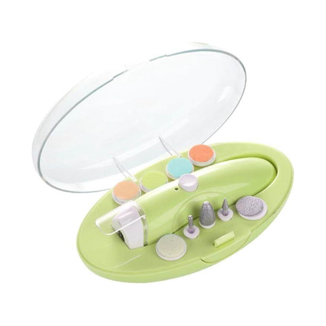 Baby Nail Trimmer Electric Nail Trimmer Rechargeable Nail File Baby Manicure Kit with a green ABS body, nine grinding heads, USB charging cable, and storage box. Features adjustable speed up to 6800 rpm, ultra-quiet operation at 36 decibels, LED light for nighttime use, and a dust collection cover for cleanliness. Ideal for baby nail care and manicure needs.