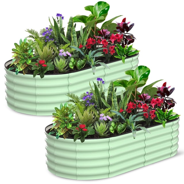 2-Pack 6x3x1.5FT Olive Green Oval Galvanized Steel Raised Garden Beds for Outdoor - Large Planter Boxes with Open Base, Safety Edge, Tool-Open Assembly, For Vegetables, Flowers, Herbs