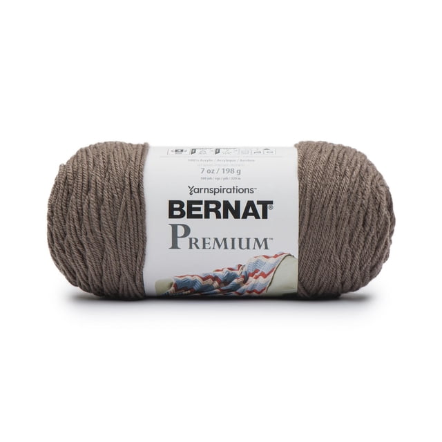 Bernat® PremiumTM Fil, Acrylique #4 Moyen, 7oz/198g, 360 yards en Brun taupe, un Écheveau de Fil Acrylique worsted 4 Brins avec une Étiquette Blanche Présentant le logo Bernat et une image Africaine Tricotée, Convient aux Projets de Tricot et de crochet Incluant des Vêtements et la Déco Maison.