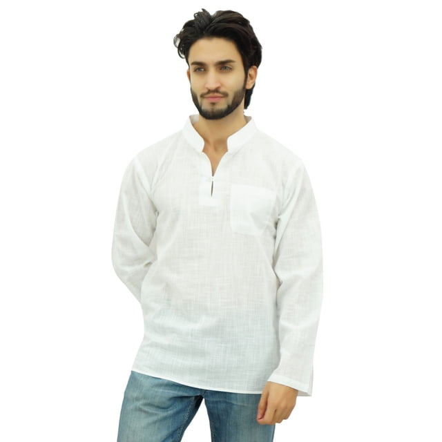 Atasi Kurta Court à Col Officier pour Homme en Coton Blanc, Tunique Décontractée - Petit