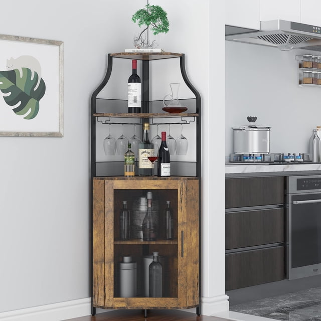 AKDSteel Farmhouse Wine Bar Corner Cabinet with Storage, Small Buffet Sideboard with Detachable Rack and Buffet Mesh Door, Glass Rack, Liquor Coffee Bar Cupboard for Kitchen, Dining Room