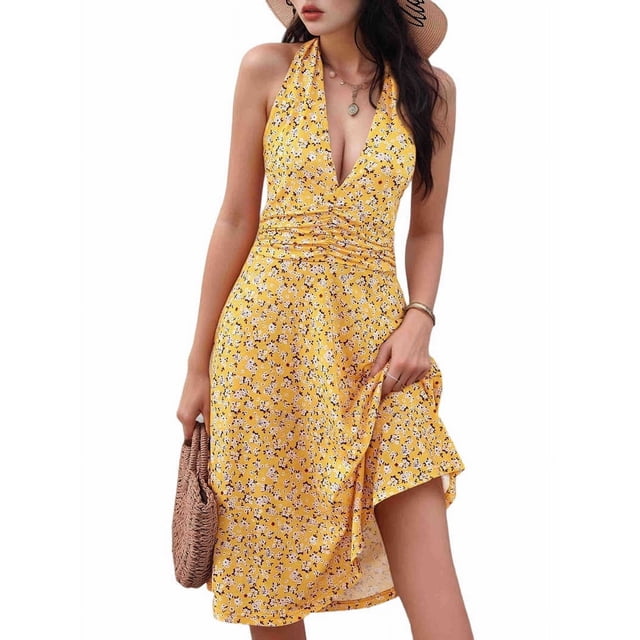 Robe d'Été Sans Manches Portefeuille à Col en V à Fleurs pour Femme Mini Robe Jaune m