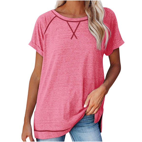Scyoekwg Hauts pour Femmes Chic Décontracté Hauts pour Dames Col Ras du Cou T-shirt Régulier Couleur Unie Manches Courtes Hauts Confortables d'Été Blouses Amples (Rose,G)