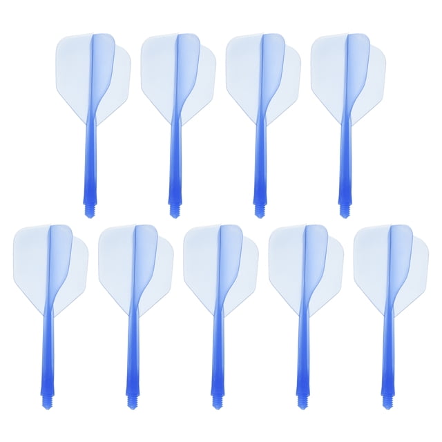Unique Bargains Integrated Dart Shaft Flights, 9 Pack Durable Dart Flight Set, Blue. This set features nine integrated dart shafts and flights made of durable plastic. Each shaft is 3.35 cm long, with flights measuring 4.2 cm in length and 3.3 cm in width. Designed for precision and a snug fit, these lightweight and sturdy dart flights are ideal for indoor and outdoor games. The vibrant blue color and threaded design make them easy to attach and visually appealing.